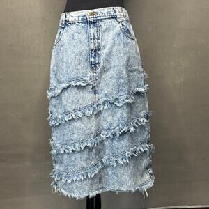 Vintage Fuse Paris Acid Wash Denim Midi Skirt High Waist Frayed